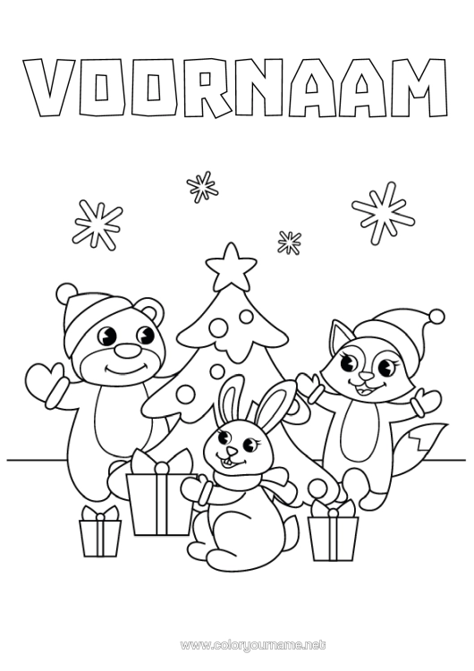 Kleurplaat om af te drukken Beer Kerstboom Kerstmis Eekhoorn Konijn Eenvoudige Kleurplaten Bosdieren Kerstmuts