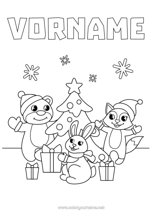 Malvorlage zum Ausdrucken Bär Weihnachtsbaum Weihnachten Eichhörnchen Hase Einfache Ausmalbilder Waldtiere Weihnachtsmütze