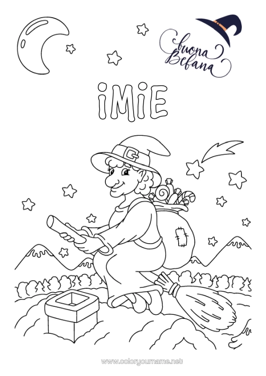 Kolorowanka do wydruku Miotła Czarownica Epifania Księżyc Befana