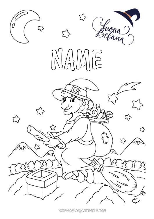 Coloring page to print Broomstick Witch Epiphany Moon Befana