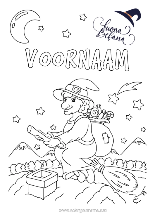 Kleurplaat om af te drukken Bezem Heks Driekoningen Maan Befana