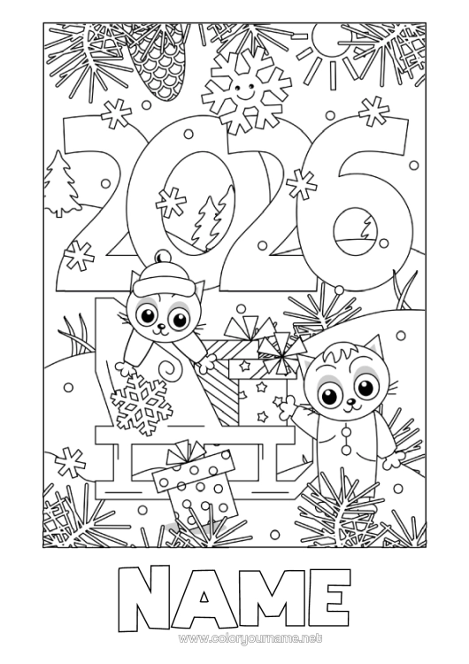 Colouring page to print Cat Gifts Sledge Happy New Year Dogs And Cats 2026