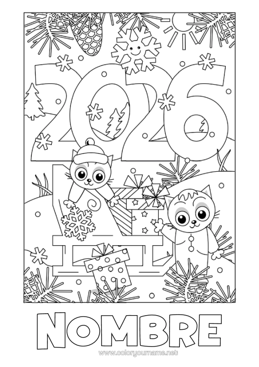 Dibujo para colorear para imprimir Cat Regalos Trineo Feliz Año Perros Y Gatos 2026
