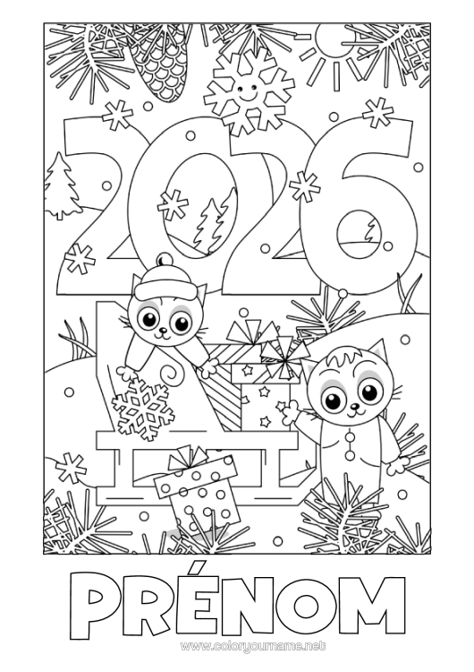 Coloriage à imprimer Chat Cadeaux Traîneau Bonne Année Chiens Et Chats 2026