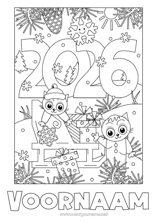 Kleurplaat om af te drukken Kat Cadeaus Slee Gelukkig Nieuwjaar Honden En Katten 2026