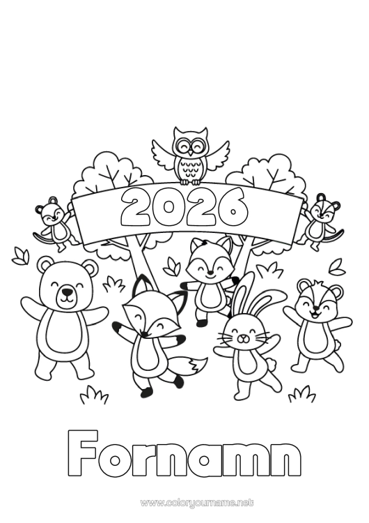 Färgläggningssida att skriva ut Björn Ekorre Räv Uggla, Hök Kanin Gott Nytt År Fåglar Och Flygande Däggdjur Skogens Djur Anpassningsbar År 2026 2027 2028 2029