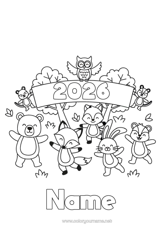 Colouring page to print Bear Squirrel Fox Owl, Tawny Owl Rabbit Happy New Year Birds And Flying Mammals Forest Animals Customisable Year 2026 2027 2028 2029