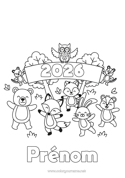 Coloriage à imprimer Ours Écureuil Renard Chouette, Hibou Lapin Bonne Année Oiseaux Et Mammifères Volants Animaux De La Forêt Année Personnalisable 2026 2027 2028 2029