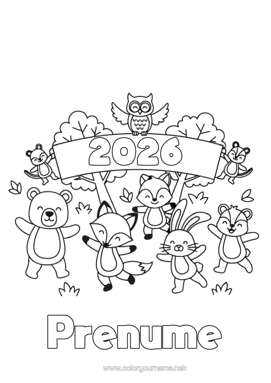 Pagină de colorat de imprimat Urs Veveriță Vulpe Bufniță, Uluce. Iepure La Mulți Ani! Păsări Și Mamifere Zburătoare Animale Din Pădure An Personalizabil 2026 2027 2028 2029