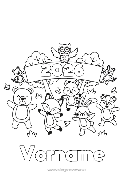 Malvorlage zum Ausdrucken Bär Eichhörnchen Fuchs Eule, Uhu Hase Frohes Neues Jahr Vögel Und Fliegende Säugetiere Waldtiere Anpassbares Jahr 2026 2027 2028 2029