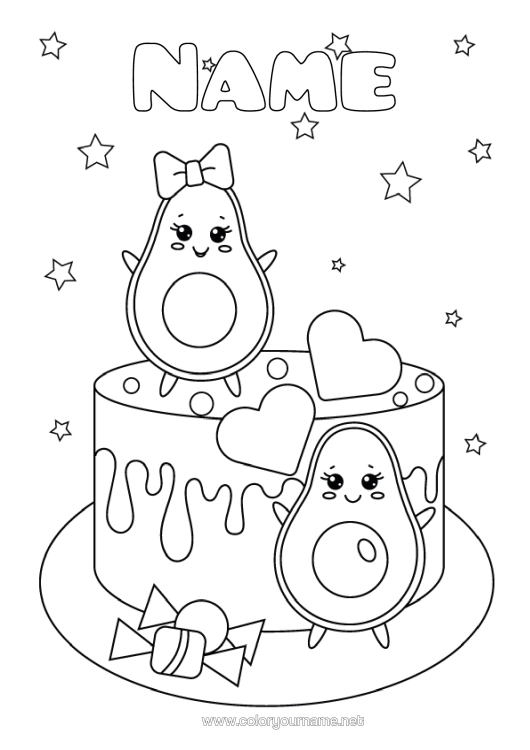 Coloring page to print Cake Heart Kawaii Stars Avocado Birthday Cake