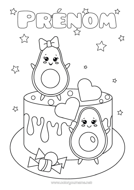 Coloriage à imprimer Gâteau Coeur Kawaii Étoiles Avocat Gâteau D’anniversaire