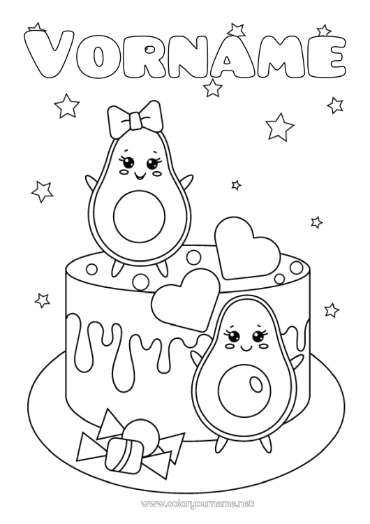 Malvorlage zum Ausdrucken Kuchen Herz Kawaii Sterne Anwalt Geburtstagskuchen