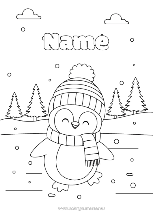 Colouring page to print Snow Winter Penguin, Tuxedo Animal Birds And Flying Mammals Scarf Winter Hat
