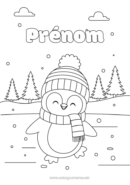 Coloriage à imprimer Neige Hiver Pingouin, Manchot Oiseaux Et Mammifères Volants Écharpe Bonnet D'hiver