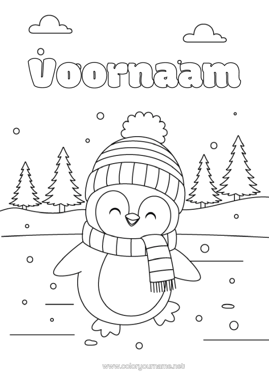 Kleurplaat om af te drukken Sneeuw Winter Pinguïn, Pinguïn Vogels En Vliegende Zoogdieren Sjaal Wintermuts