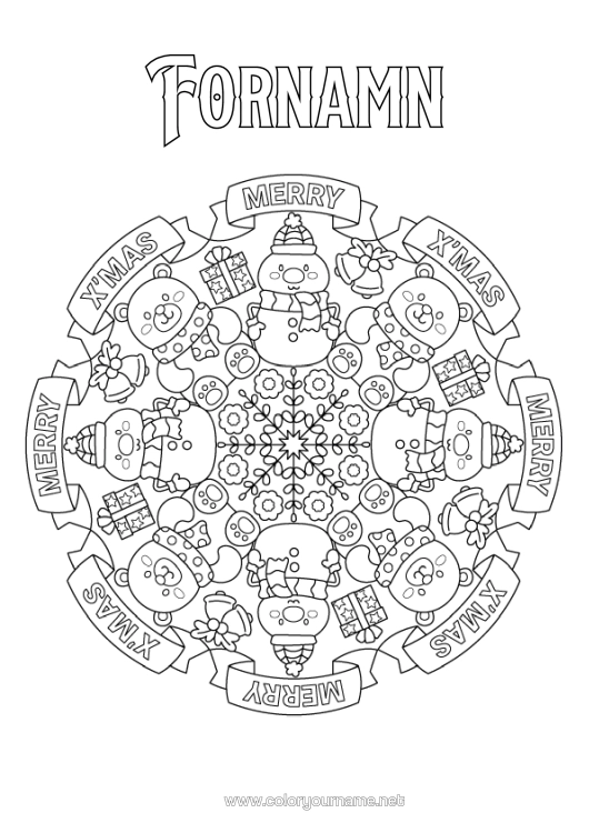 Färgläggningssida att skriva ut Gåvor Ren Snögubbe Mandala Jul Skogens Djur