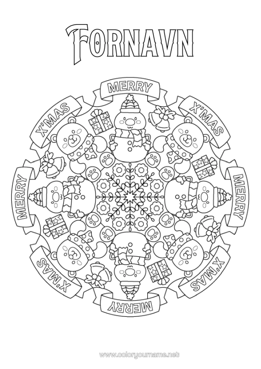 Farvelægningssiden til udskrivning Gaver Rensdyr Snemand Mandala Jul Skovens Dyr