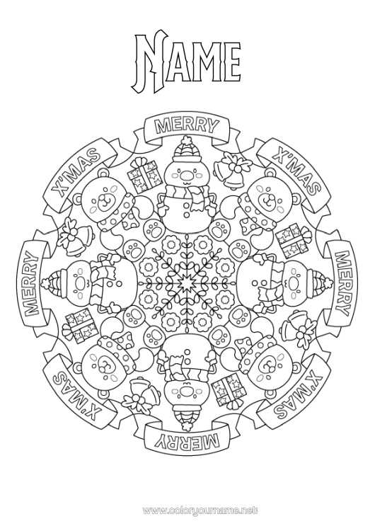 Coloring page to print Gifts Reindeer Snowman Mandala Christmas Forest Animals