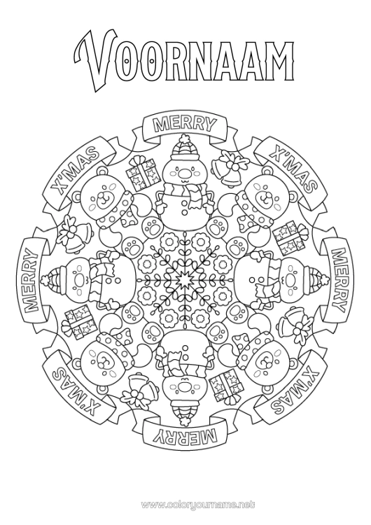 Kleurplaat om af te drukken Cadeaus Rendier Sneeuwpop Mandala Kerstmis Bosdieren