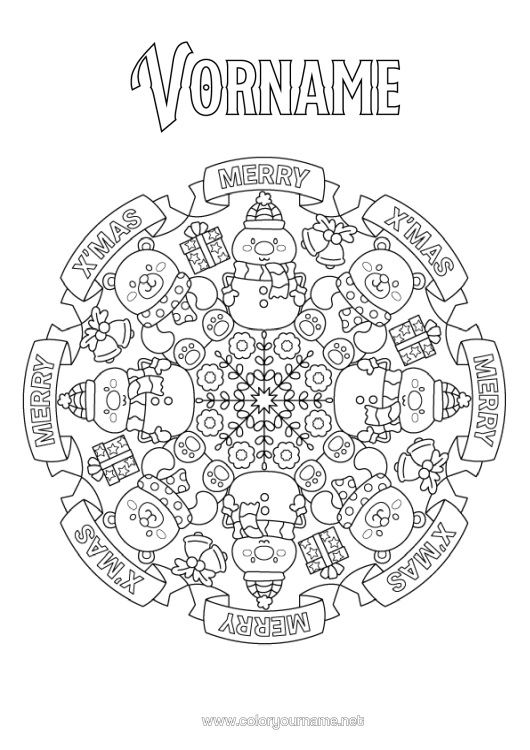 Malvorlage zum Ausdrucken Geschenke Rentier Schneemann Mandala Weihnachten Waldtiere