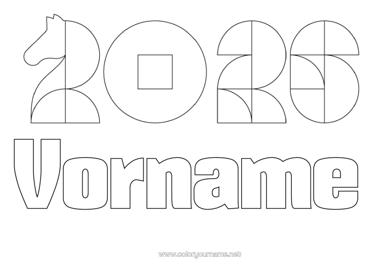 Malvorlage zum Ausdrucken Pferd Chinesisches Neujahr Bauernhoftiere 2026