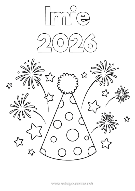 Kolorowanka do wydruku Impreza Fajerwerki Kapelusz Gwiazdy Rok Do Personalizacji 2026 2027 2028 2029