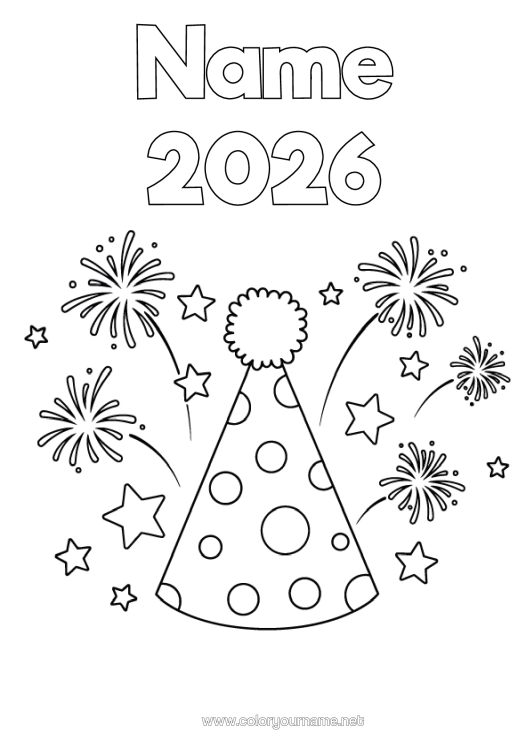Colouring page to print Party Firework Hat Stars Customisable Year 2026 2027 2028 2029
