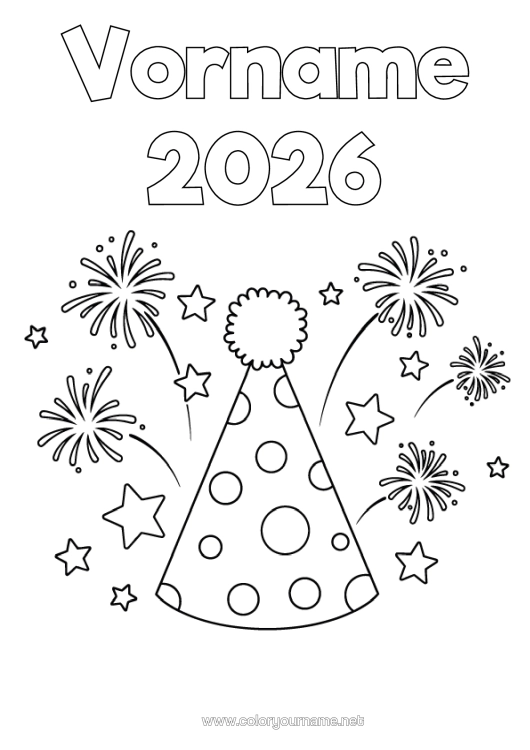 Malvorlage zum Ausdrucken Fest Feuerwerk Hut Sterne Anpassbares Jahr 2026 2027 2028 2029