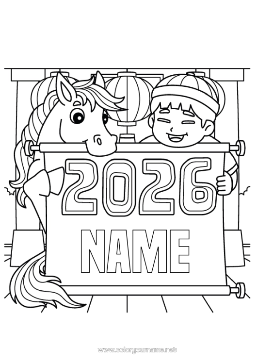 Colouring page to print Horse Chinese New Year Farm Animals 2026