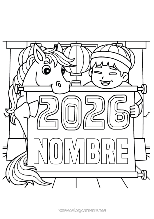 Dibujo para colorear para imprimir Caballo Año Nuevo Chino Animales De Granja 2026