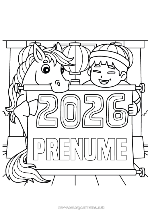 Pagină de colorat de imprimat Cal Anul Nou Chinezesc Animale De Fermă 2026