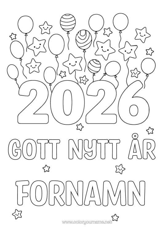 Färgläggningssida att skriva ut Ballonger Gott Nytt År Stjärnor 2026