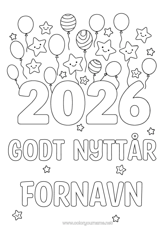 Fargeleggingssiden til utskrift Ballonger Godt Nyttår Stjerner 2026