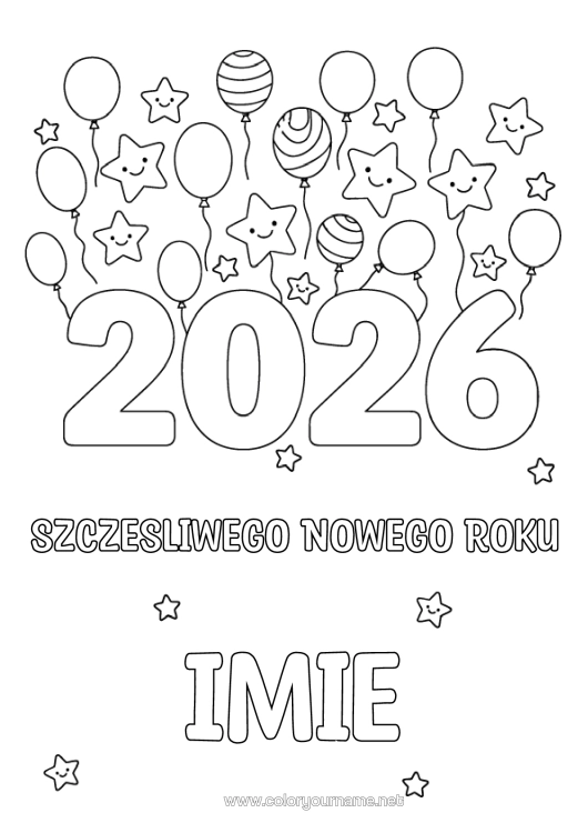 Kolorowanka do wydruku Balony Szczęśliwego Nowego Roku! Gwiazdy 2026