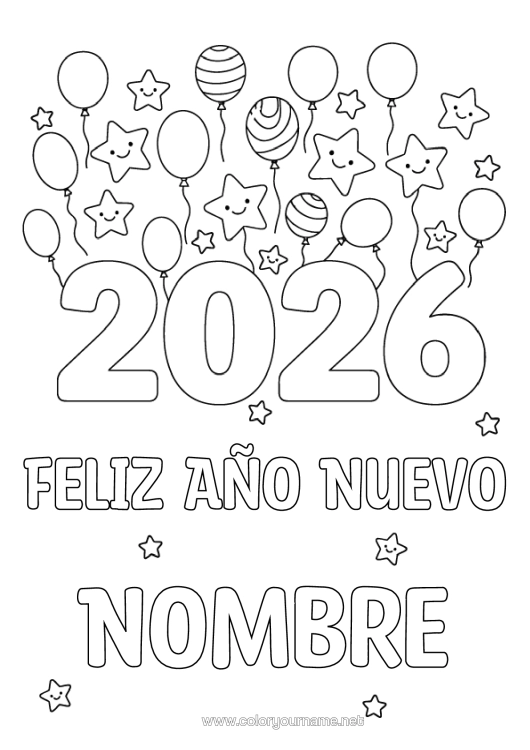 Dibujo para colorear para imprimir Globos Feliz Año Estrellas 2026