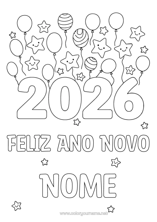 Página de desenho para imprimir Bolas Feliz Ano Novo Estrelas 2026