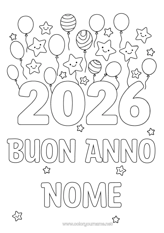 Pagina da colorare da stampare Palloncini Buon Anno Stelle 2026