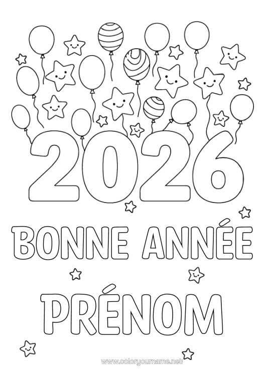 Coloriage à imprimer Ballons Bonne Année Étoiles 2026