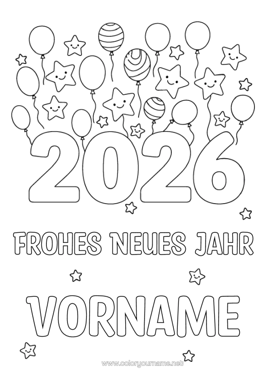 Malvorlage zum Ausdrucken Luftballons Frohes Neues Jahr Sterne 2026