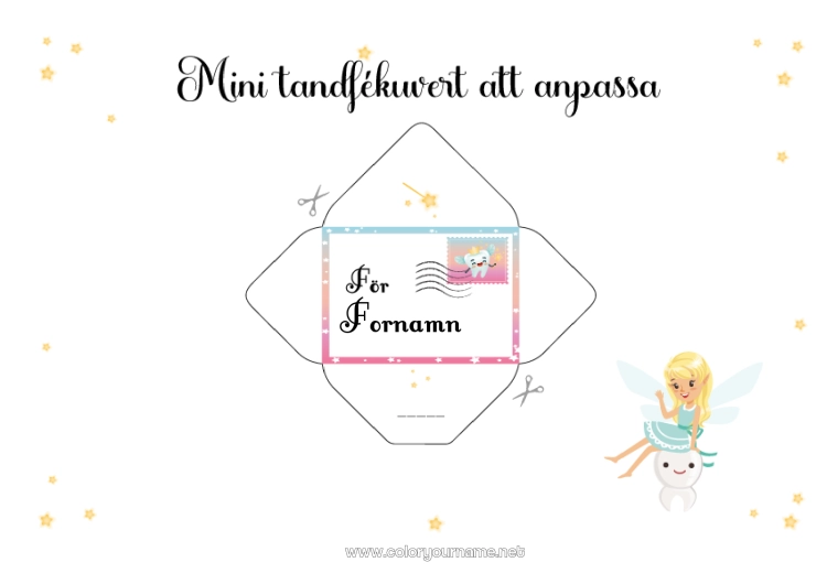 Färgläggningssida att skriva ut Mjölktand Tandfé Djur Tandféens brev Kuvert Utskriftskuvert