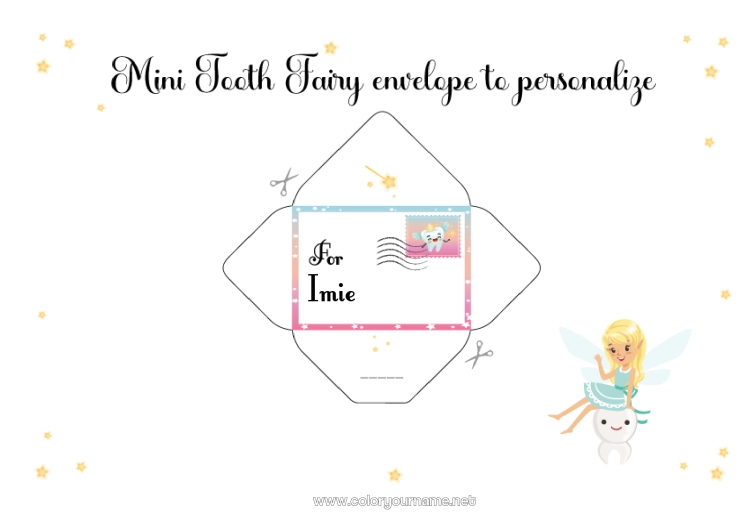 Kolorowanka do wydruku Ząb mleczny Zębowy wróżek Zwierzę List od Zębowej Wróżki Koperta Koperta do druku