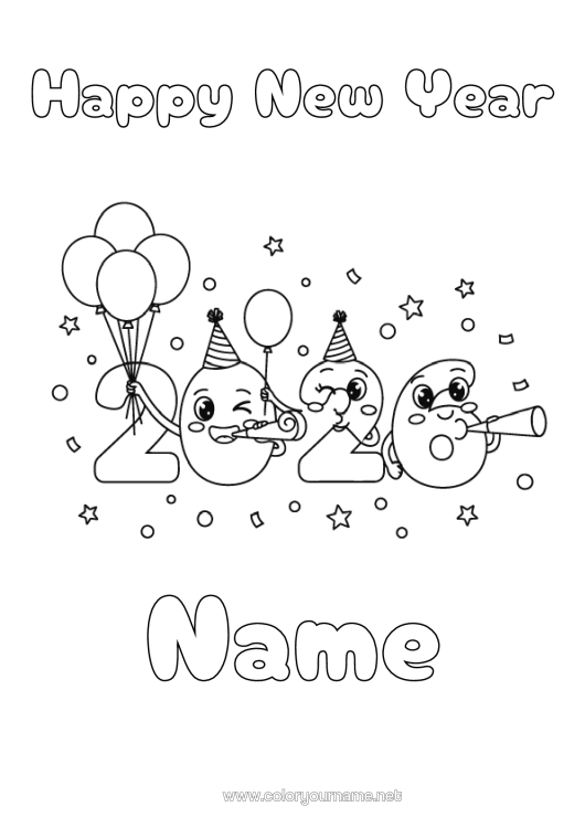 Colouring page to print Balloons Happy New Year 2026