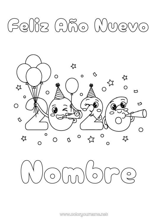 Dibujo para colorear para imprimir Globos Feliz Año 2026