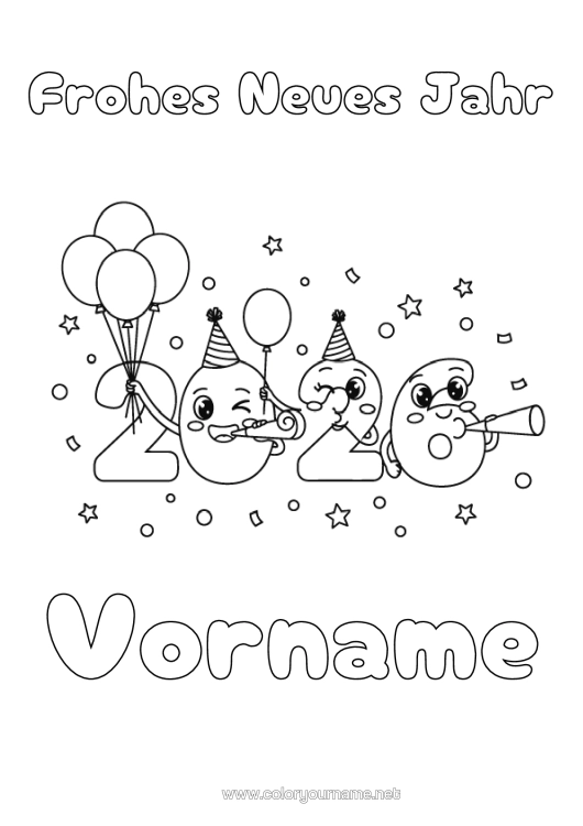 Malvorlage zum Ausdrucken Luftballons Frohes Neues Jahr 2026