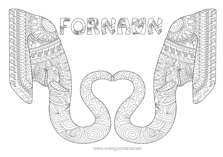 Färgläggningssida att skriva ut Hjärta Elefant Jag Älskar Dig. Komplexa Målarbilder Zentangle Afrikas Vilda Djur