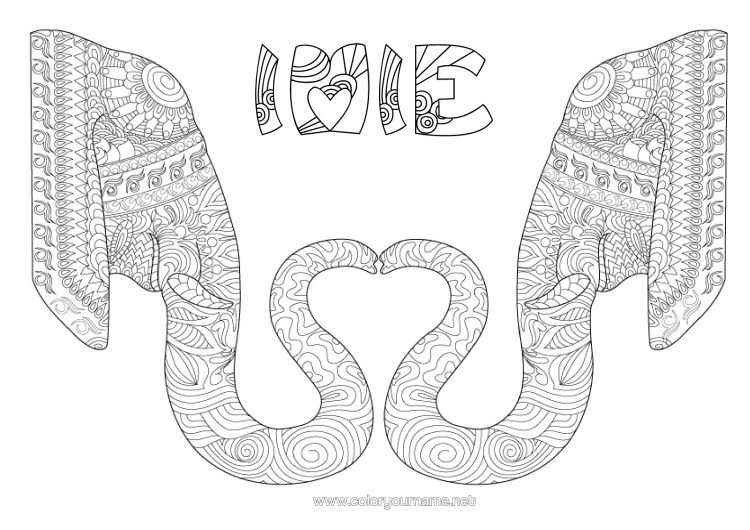 Kolorowanka do wydruku Serce Słoń Kocham Cię. Złożone Kolorowanki Zentangle Dzikie Zwierzęta Afryki