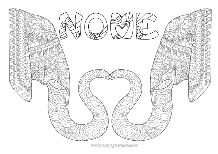 Página de desenho para imprimir Coração Elefante Eu Te Amo Colorações Complexas Zentangle Animais Selvagens Da África