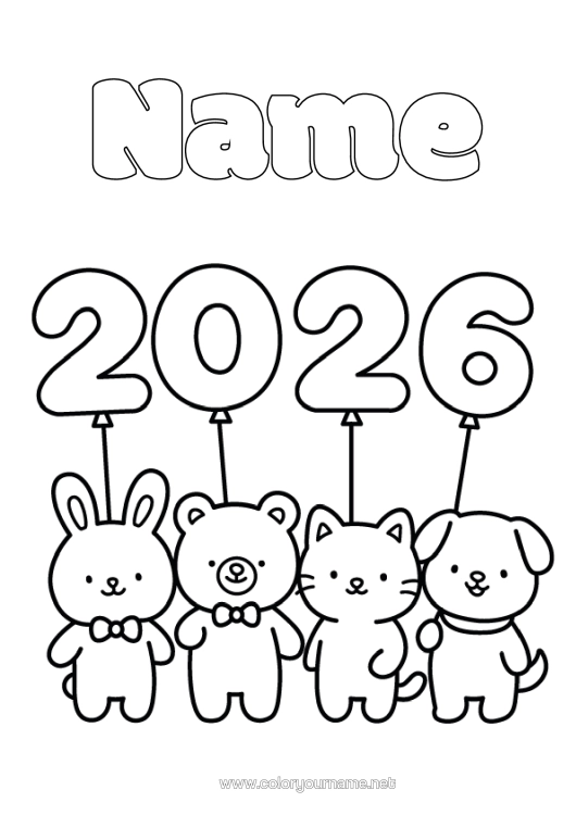 Coloring page to print Kawaii Happy New Year Animal 2026