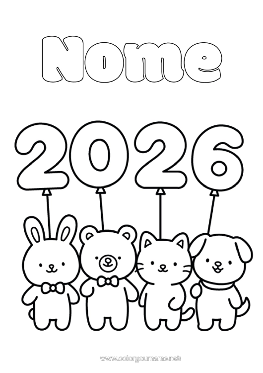 Pagina da colorare da stampare Kawaii Buon Anno Animale 2026